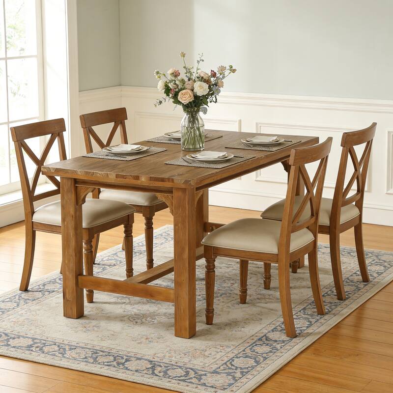 62.99" Farmhouse Solid Wood Dining Table, Seats 4-6, Rustic - Brown