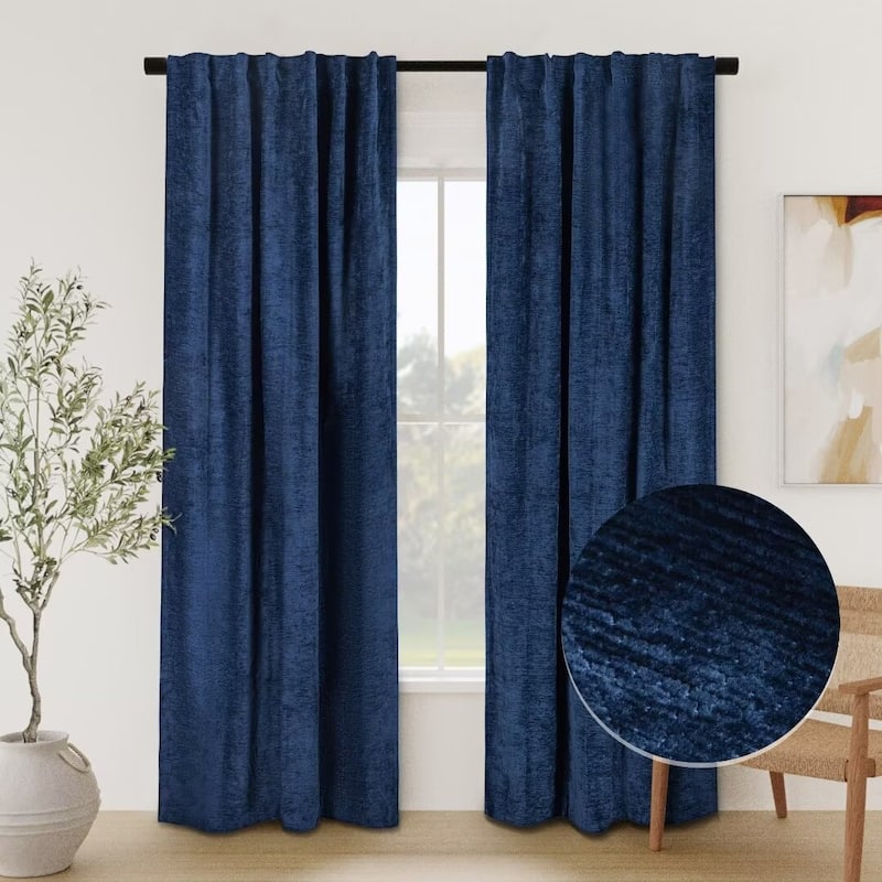 Chenille Solid Room Darkening Back Tab Single Curtain Panel - 52"Wx108"L - Navy Blue
