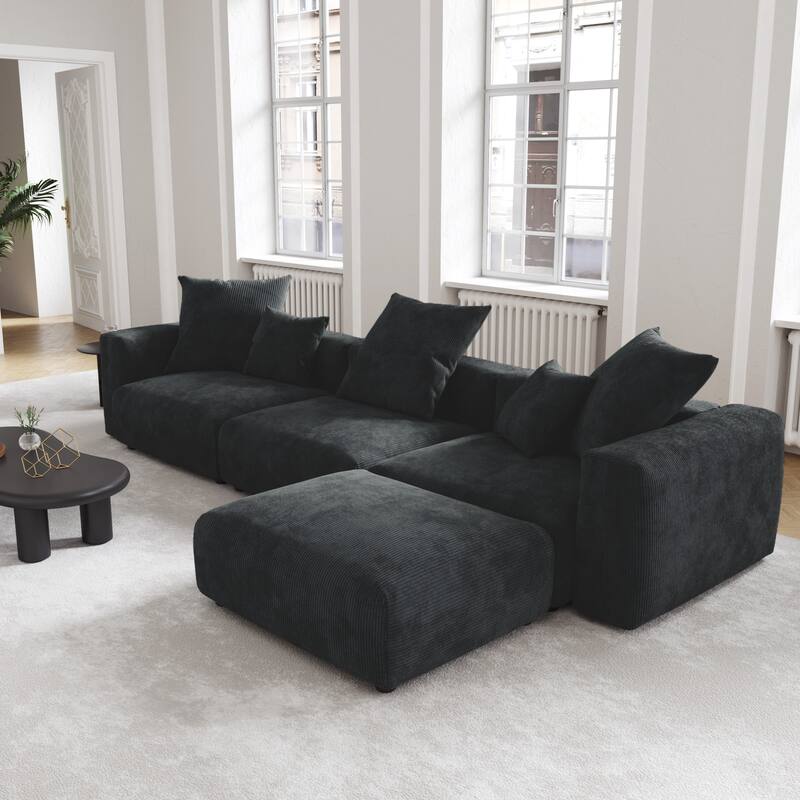 Black Corduroy Sectional Sofa Customized Sofa Couch with pillows. - 3-sSeater with ottoman