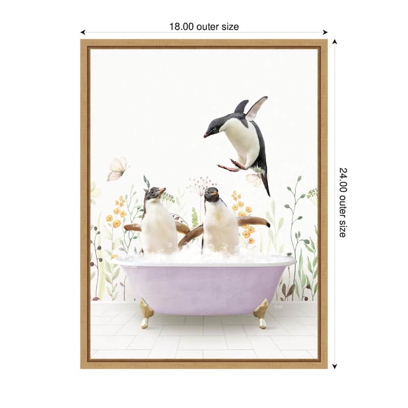Kate and Laurel Sylvie Penguins in Spring Bathtub Framed Canvas by Amy Peterson