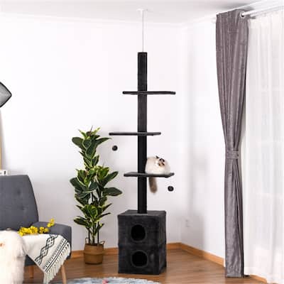 Grey-Black Multi-Level Cat Tree with Adjuastable Height and Long Lasting Plush Covers - 16.25" L x 16.25" W x 86.5"-96.5" H