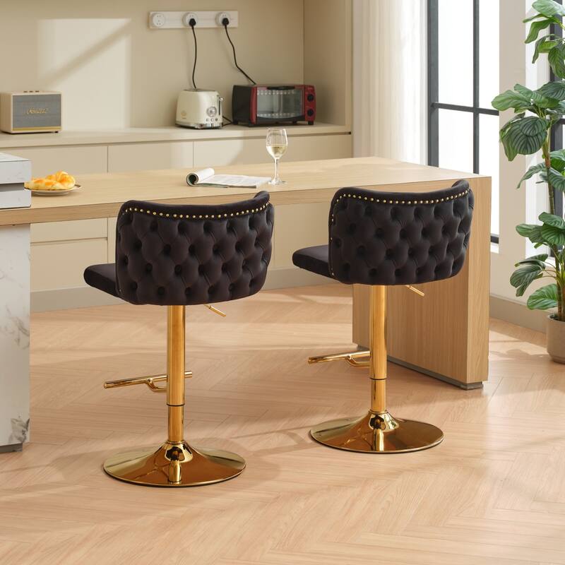 Swivel Barstools Adjusatble Seat Height With Gold-plating Base, Classic Velvet Upholstered Bar Stools with the whole Back Tufted