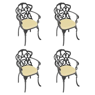 Black Cast Aluminum Patio Outdoor Dining Chairs with Seat Cushions