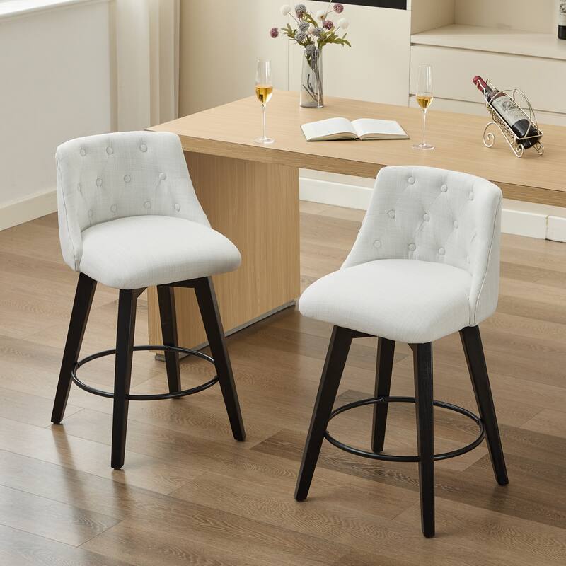 Modern Linen Swivel Bar Stools with Tufted Back,Wood Frame (Set of 2) - White