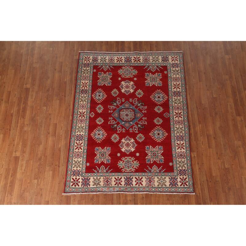 Red Geometric Kazak Area Rug Handmade Bedroom Wool Carpet - 5'0" x 6'9"