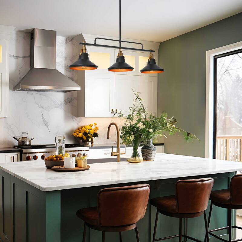 Modern Industrial 3-Light Linear Chandelier Black Gold Metal Pendant Lights for Dining Room - 34'' L x 9'' W x 10.5'' H