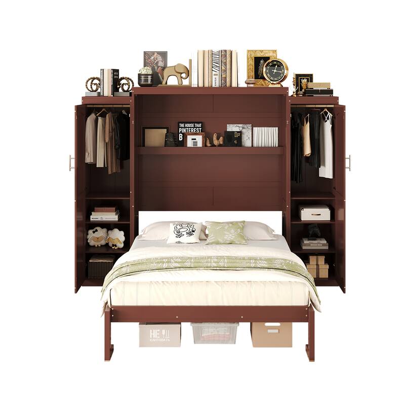 Quality Multifunctional Full Size Murphy Bed, Foldable Wooden Wall Bed w/ 2 Wardrobe & Storage Shelf for Guestroom, Bedroom