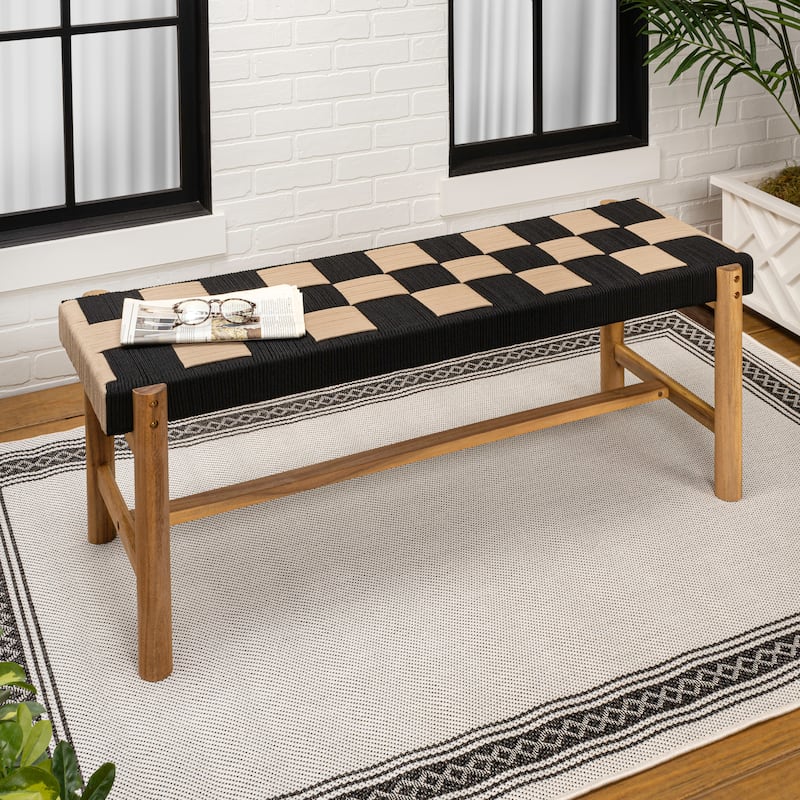 48" 2-Seat Outdoor Acacia Bench, Backless w/ Woven Rope Seat, 700-lb Support - Light Teak Black