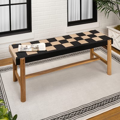48" 2-Seat Outdoor Acacia Bench, Backless w/ Woven Rope Seat, 700-lb Support