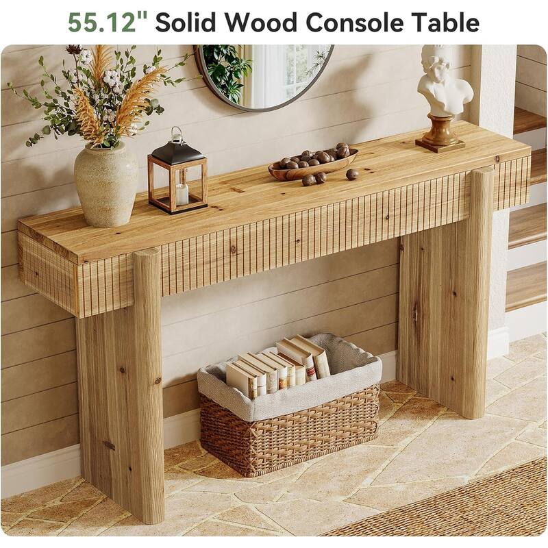 55 Inch Solid Wood Entryway Console Table with Grooves Detail