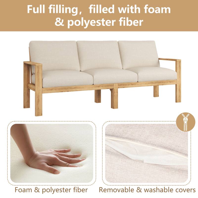 Upholstered Sectional Sofa Set, 3pcs Acacia Conversation Sets with Ottoman Chaise Lounge and Coffee Table for Garden