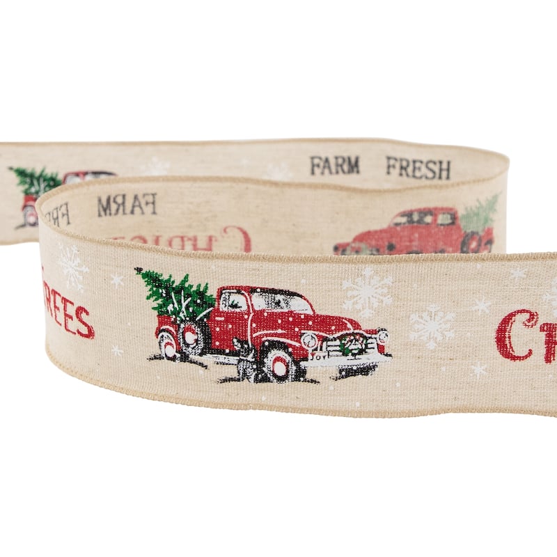 Beige "Farm Fresh Christmas Trees" Wired Craft Christmas Ribbon 2.5" x 10 Yards - 30'