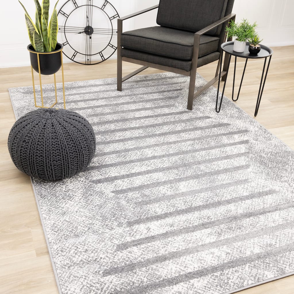 Covington Collection - Distressed Grey White Simple Lines Area Rug
