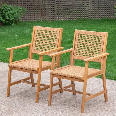 MAISON ARTS 2-Piece Patio Natural Solid Acacia Wood Dining Chairs, Patio Oil Finished Wooden Armchairs Set of 2