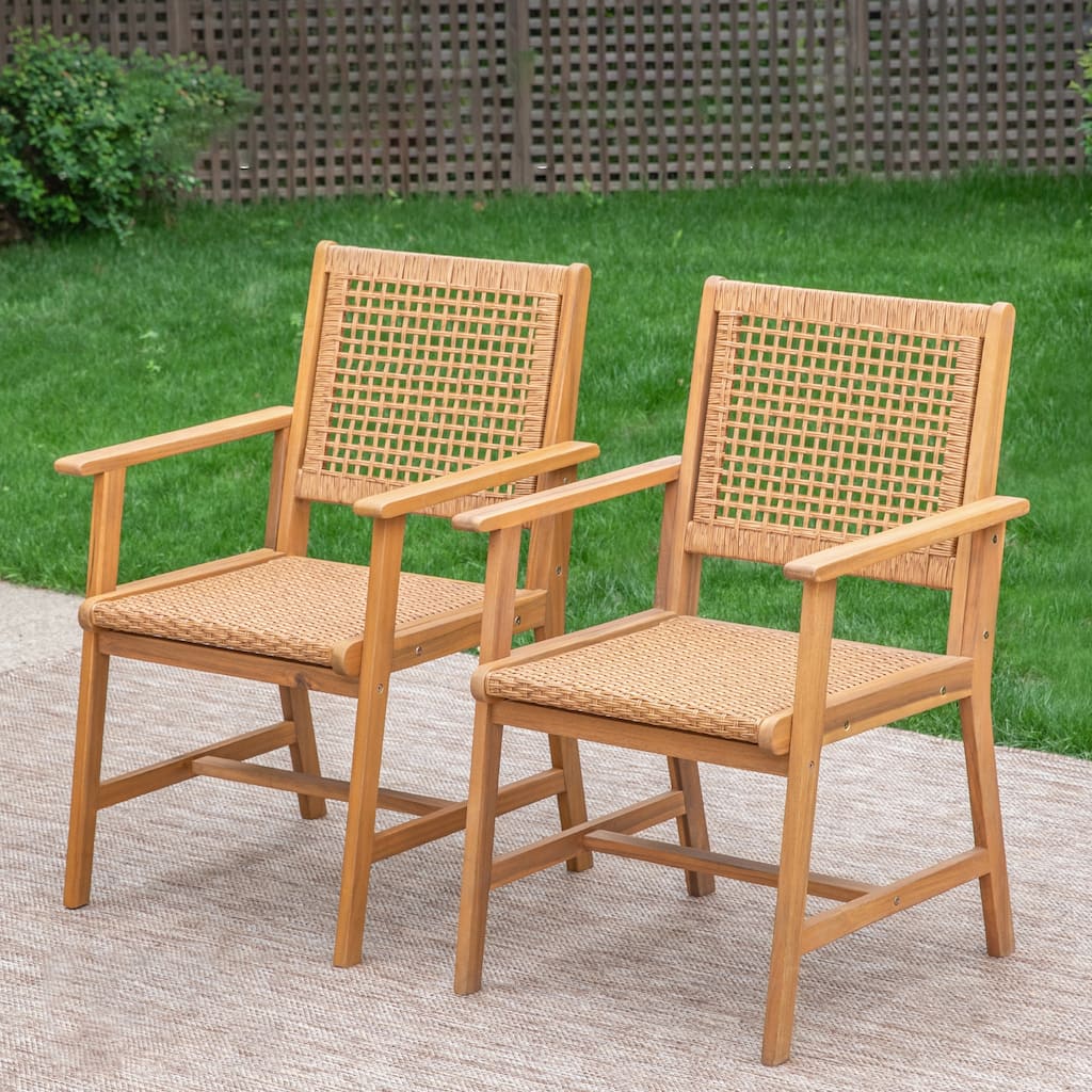MAISON ARTS 2-Piece Patio Natural Solid Acacia Wood Dining Chairs, Patio Oil Finished Wooden Armchairs Set of 2