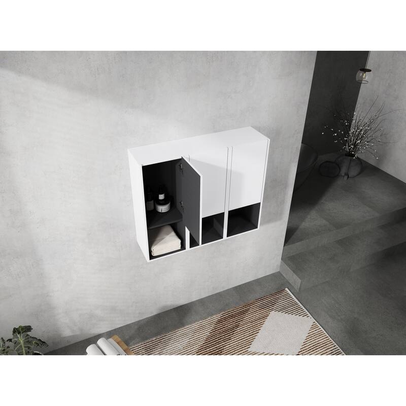 Modern Wall-Mounted Bathroom Side Cabinet with Soft-Close Doors, Floating Design, 6 Storage Compartments, 12-Inch Width - 35.43X29.5 in 12" white-SC00212-K*3 - White + Plywood