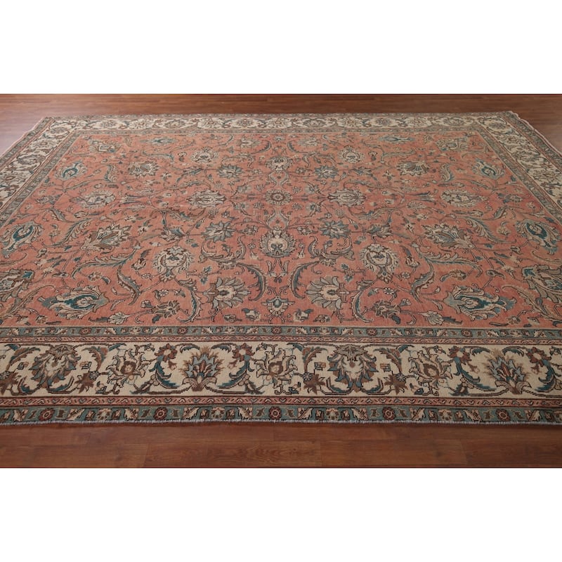 Pink Tabriz Persian Vintage Rug Hand-Knotted Oriental Wool Carpet - 9'9"x 12'10"