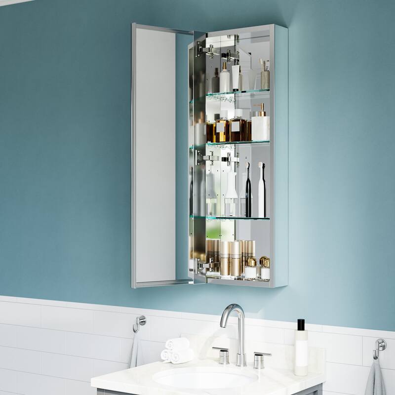 12x36" Tri-View Mirrored Medicine Cabinet with Soft-Close Blum Hinges, Recessed/Surface Mount, Reversible Door, Aluminum Body