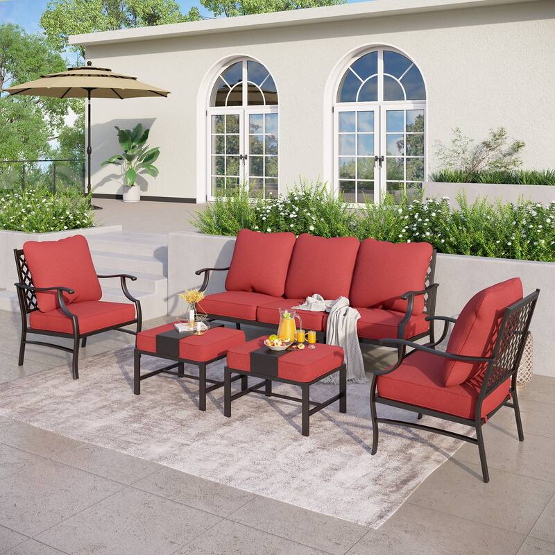 MAISON ARTS 4/5-Piece Patio Conversation Sets, Sofa Set with 2 xSingle Sofa Chairs, 1 x 3-seater Sofa and Coffee Table/Ottomans - Set 4 - Red