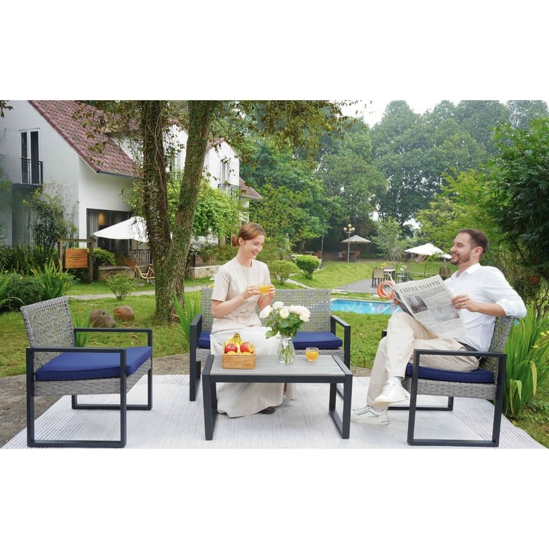 4-Piece Patio Furniture Set Outdoor Balcony Porch Garden Backyard Lawn Furniture Acacia Wood Table Top