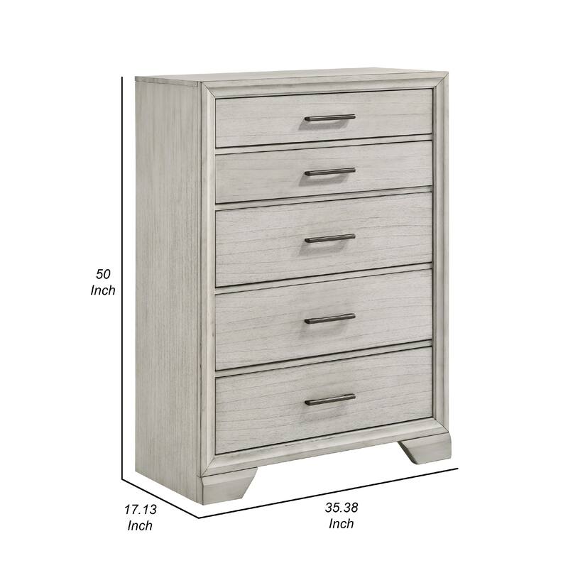 Jeni Tall Dresser Chest, 5 Drawers, Chrome Handles, Rustic White Mist