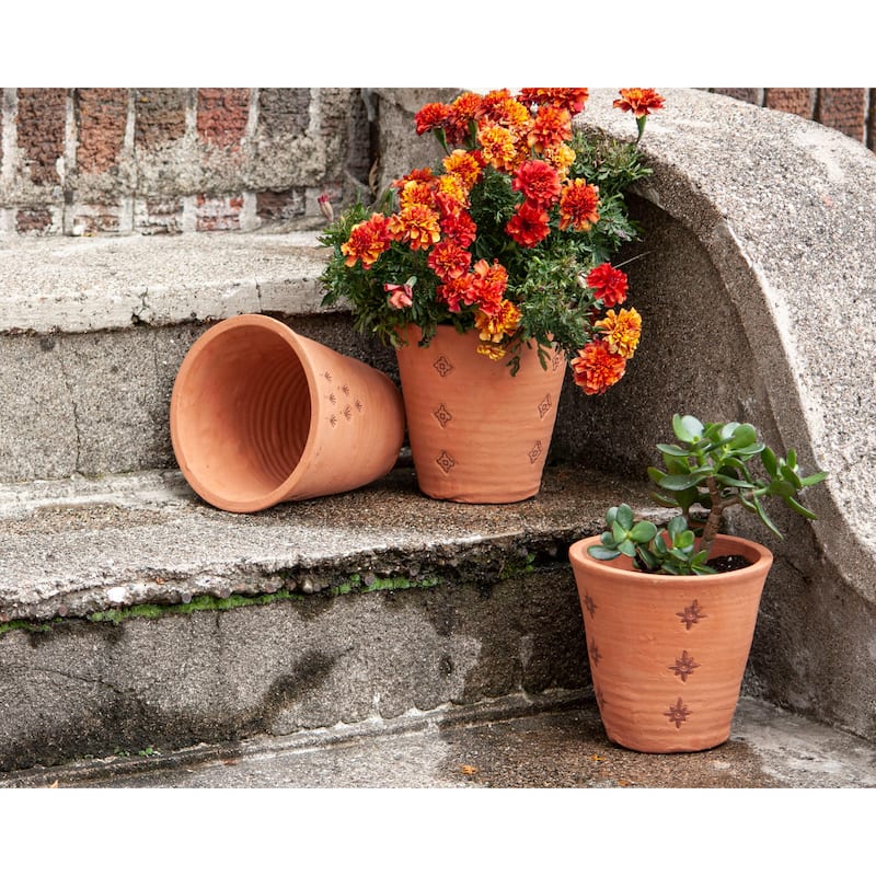 Foreside Home & Garden Set of 3 Natural Handthrown Terracotta Embossed Stamped Planters - 7 x 7 x 7
