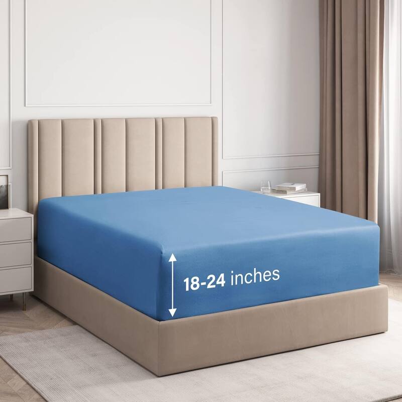 CGK Linens Microfiber Extra Deep Pocket 18" - 24" Inch Fitted Sheet - Queen - Denim Blue