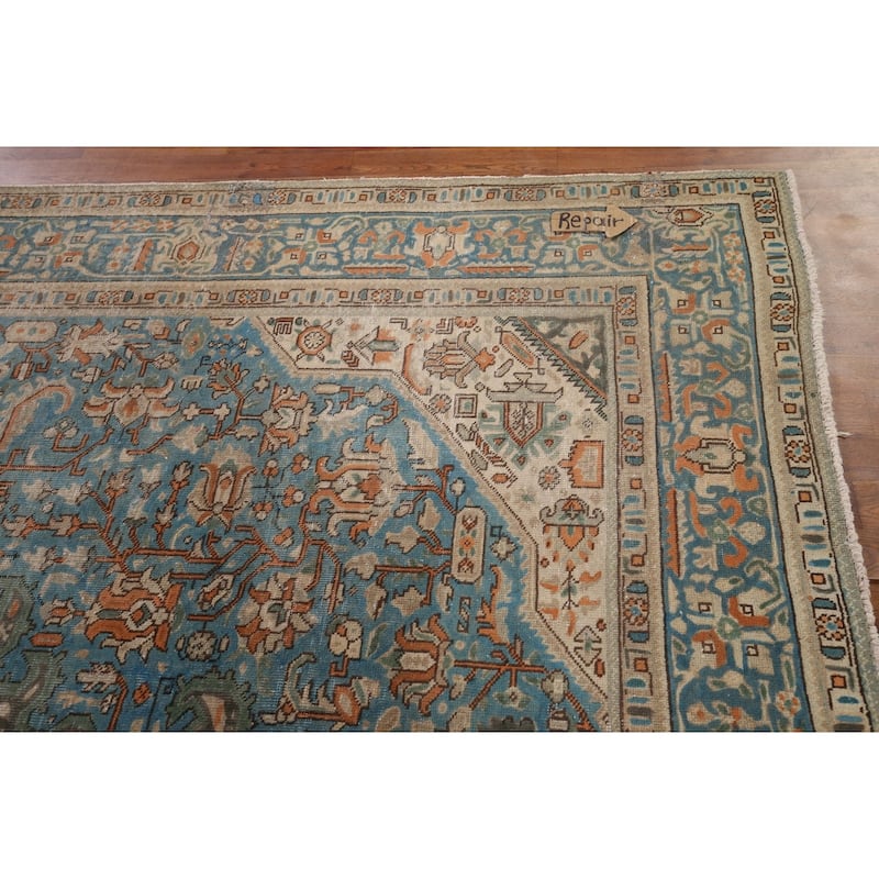 Blue Distressed Tabriz Vintage Persian Rug Hand-Knotted Wool Carpet - 8'1" x 11'2"
