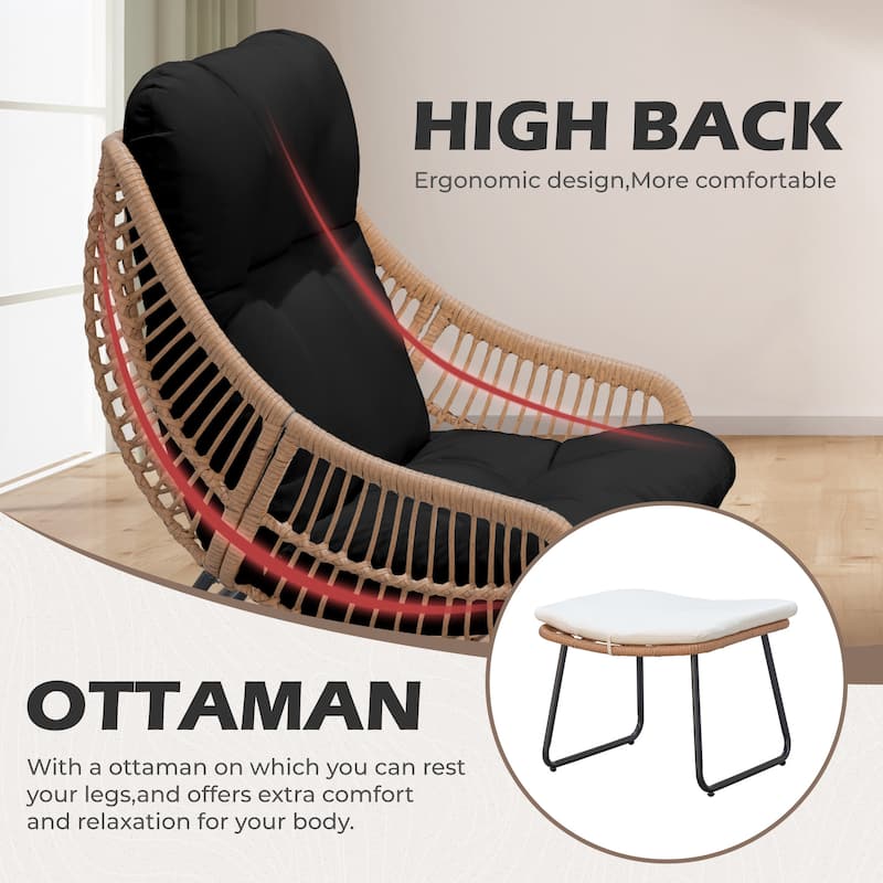 Chaise Lounge Chair with Ottoman and Coffee Table, Wicker Egg Chair Oversized Rattan Patio Cozy Chairs with Footstool
