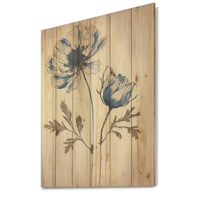 Designart 'Blue Vintage Flower Blooming V' Floral Wood Wall Art - Natural Pine Wood