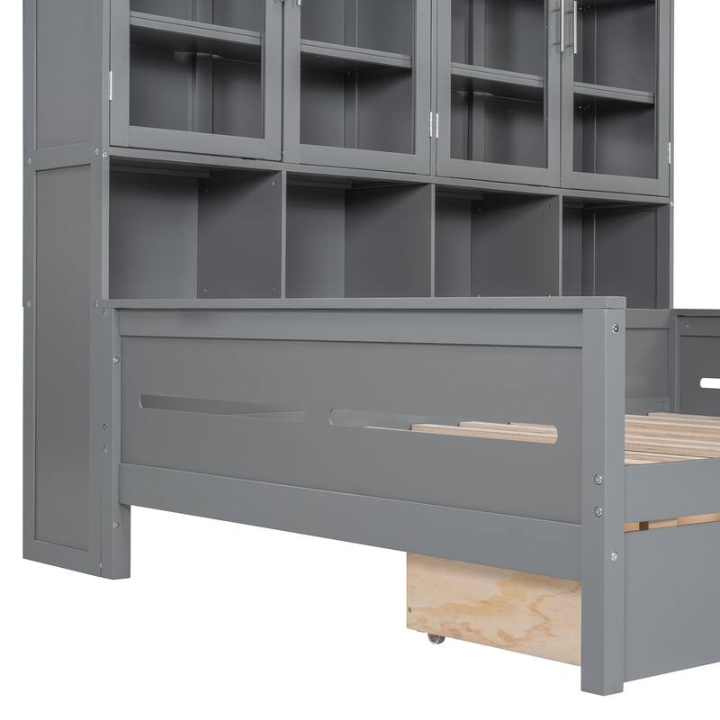 Wooden Daybed with Glass-Door Storage Cabinets, Built-in LED Lighting and Shelves