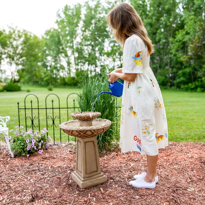 2-Tier Beveled Flower Outdoor Water Fountain 28" Garden Patio Feature