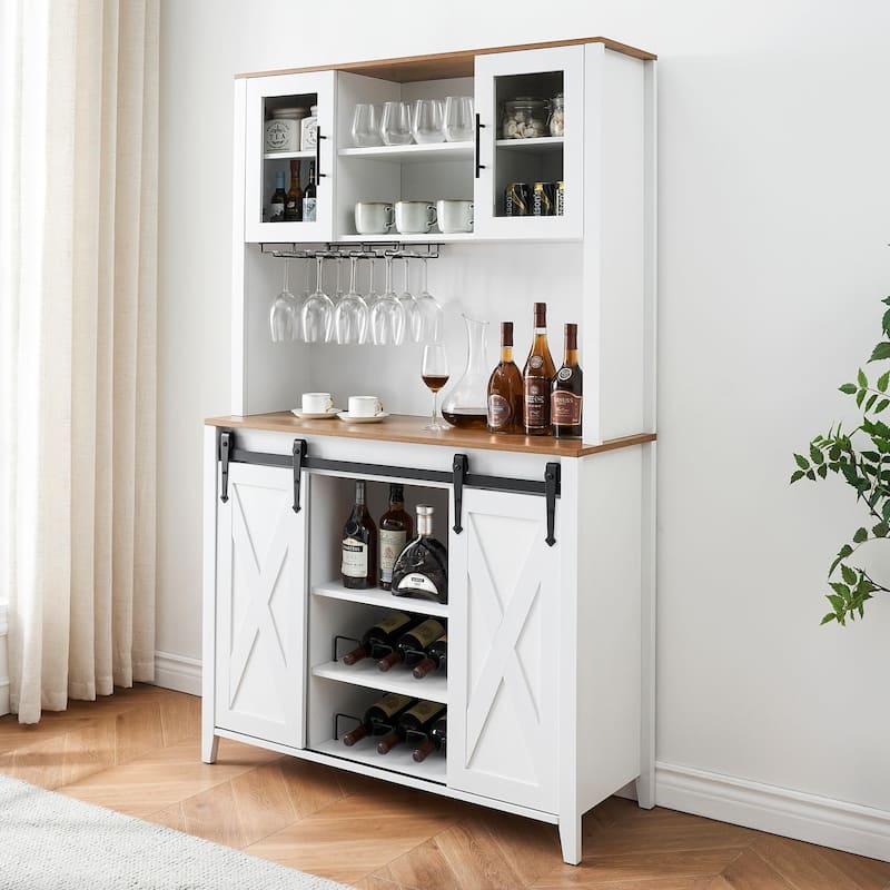 70'' Wine Bar Cabinet with Storage Hutch, Tall Coffee Bar Cabinet with Sliding Barn Doors, Bottle Glasses Rack - White