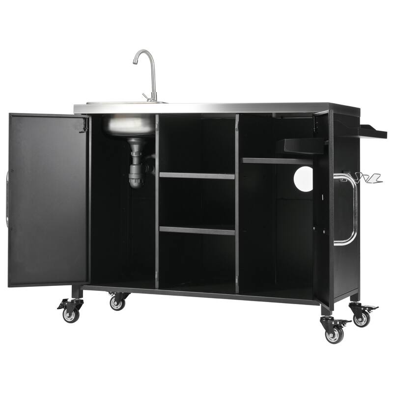 Metal Tabletop Kitchen Island with Stainless Steel Sink, Built-in Partition and Rolling Grill Cart, Pantry Storage Cabinet