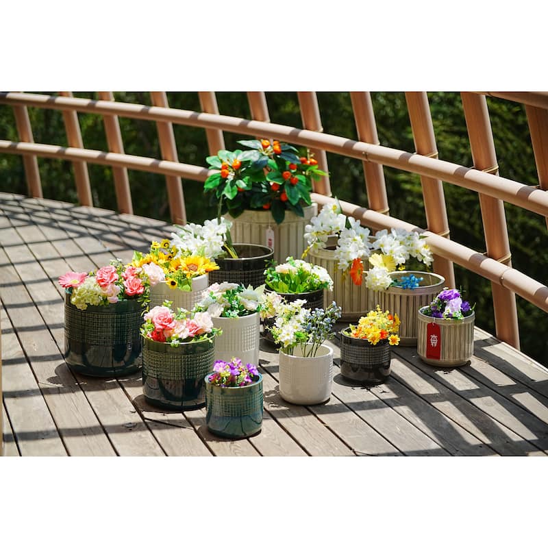 Set of 3 Grid Ceramic Flowerpot, Modern Planter for Patio, Garden, Windowsill