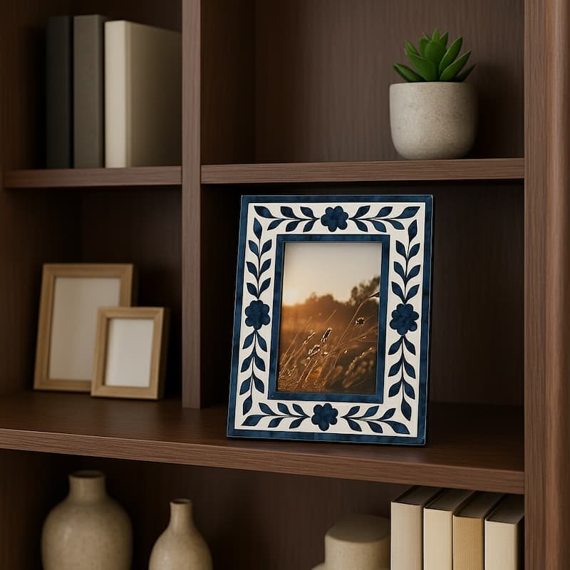 Resin and Wood Floral Petals Photo Frame - Blue, 4x6 in.