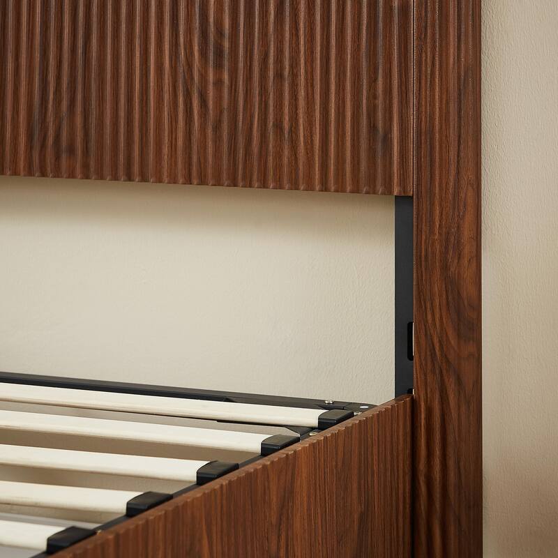 Queen Size Lift-Up Storage Bed Frame with Wooden Corrugated Curved Lines