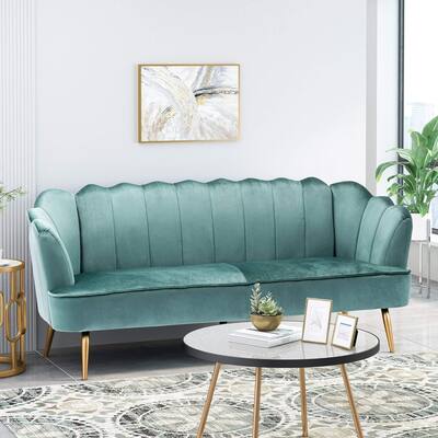 Turquoise Velvet Channel Stitched 3-seater Sofa with Metal Legs
