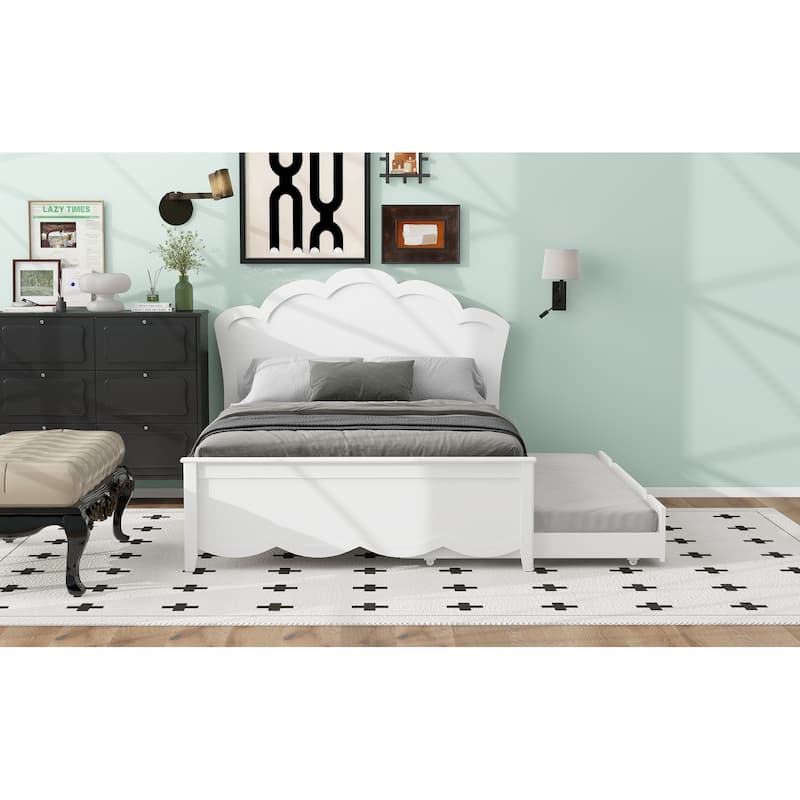 Solid Wooden Bed Frame, Full Size Platform Bed with Headboard and Pull-out Trundle Bed for Bedroom, Apartment, Natural