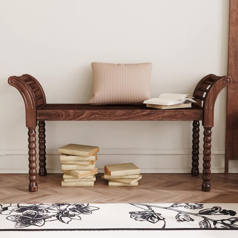 Retro Style Wooden Platform Bed Set - Walnut-Only 1 Bench - Queen