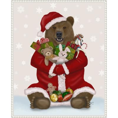 Christmas Christmas Present Bear Hug by Fab Funky (23 x 28 in.), Framed Canvas Wall Art Print - Sylvie Beaded White