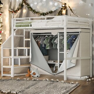 70"High Full Size Metal Loft Bed with Large Wardrobe and Storage Staircase,White