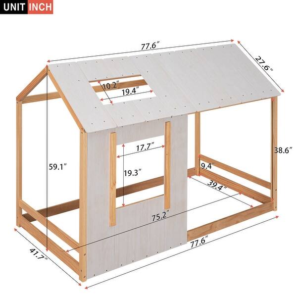 Enchanting Twin Size House Platform Bed with Roof Detail - Ideal for Kids
