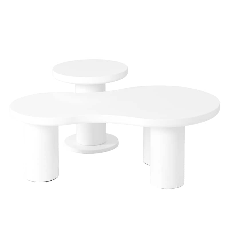 Roomfitters Modern Cloud Nesting Coffee Table Set, Irregular Center Table with Thick Legs and Round Accent Side Table, White