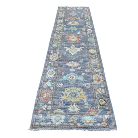 Shahbanu Rugs Denim Blue Oushak With Large Colorful Motifs Hand Knotted Afghan Wool Oriental Runner Rug (2'9" x 11'1")