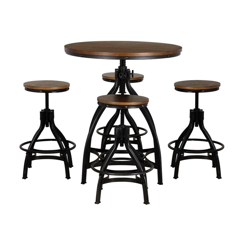 Linon Caverly Steel/Wood Industrial 5-Piece Adjustable Round Bar Stool Set