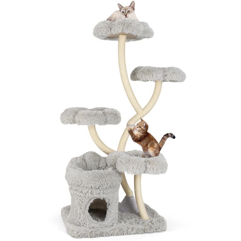 White Wood Plush Cat Tower with Condo, Sisal Posts and Flower Platforms - Overall Height: 65"