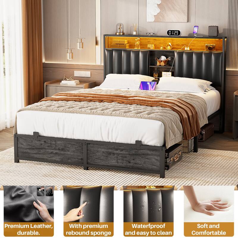 Upholstered Bed Frame with Storage Shelving, Platform Beds with Charge Station and LED Lights