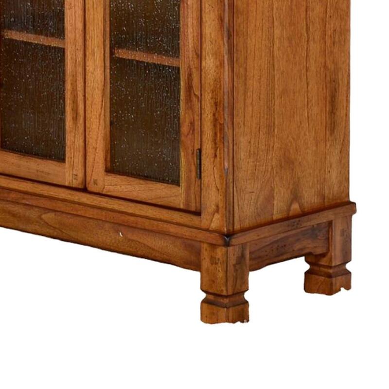 Marv Bookcase Cabinet, 4 Waterfall Glass Doors Slate Inlay Light Brown