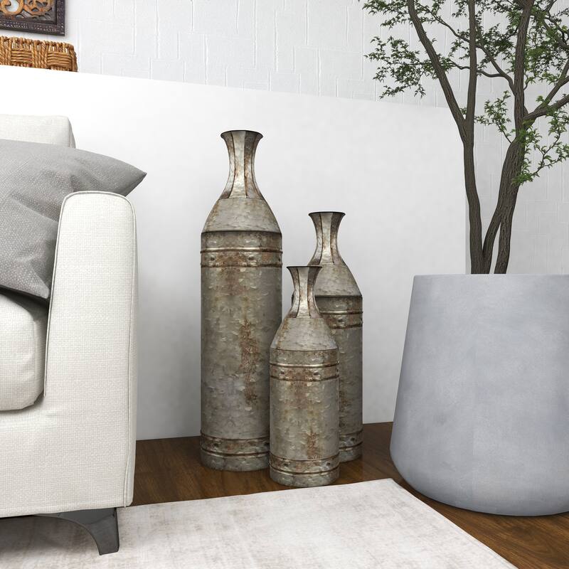 Gray Metal Handmade Tall Galvanized Floor Decorative Vase with Studs (Set of 3)
